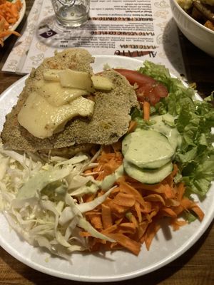 Milanesa napolitana de seitan con arroz y ensalada  at Vegan Wraps in Montevideo