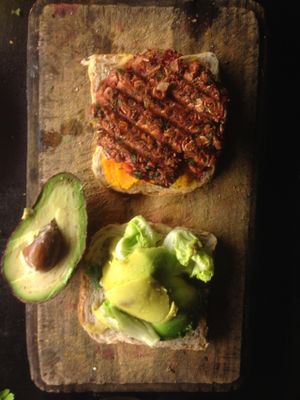Vegan Oatmeal and Lentils burguer. With Carrot Mayo, Avocado.  at Vegan Wraps in Montevideo