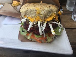 Beer-based vegan burger at Vegan Wraps in Montevideo