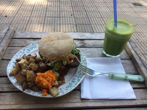 Seitanburger & green smoothie with ginger 480UYPesos  at Vegan Wraps in Montevideo