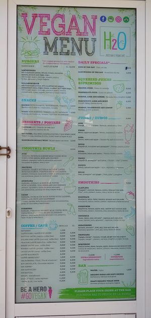 The menu at H2O Juice Bar & Vegan Cafe in Fuerteventura