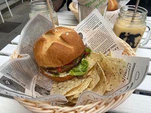 Volcano Burger 😋  at H2O Juice Bar & Vegan Cafe in Fuerteventura