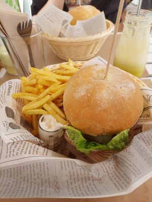 Volcano Burger and 'Fresh' juice at H2O Juice Bar & Vegan Cafe in Fuerteventura