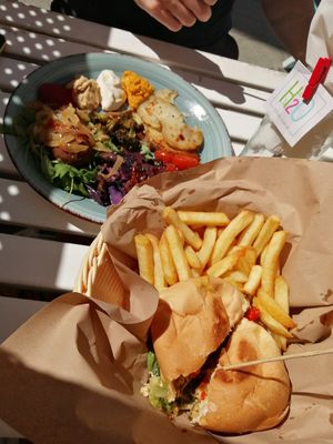 Volcano burger and 'meat'balls at H2O Juice Bar & Vegan Cafe in Fuerteventura