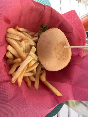 Lentil burger with friesd  at H2O Juice Bar & Vegan Cafe in Fuerteventura