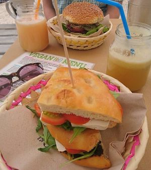 "Sorrento" sandwich, beetroot burger and fresh juices. at H2O Juice Bar & Vegan Cafe in Fuerteventura