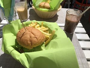 Avocado burger with fries  at H2O Juice Bar & Vegan Cafe in Fuerteventura