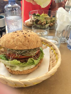 delicious mushrom burger and a amazing salat with avo sauce  at H2O Juice Bar & Vegan Cafe in Fuerteventura