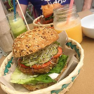 mushroom burger  at H2O Juice Bar & Vegan Cafe in Fuerteventura