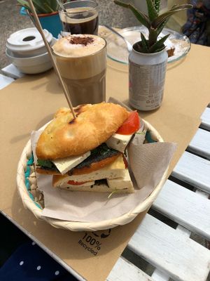 Tofu sandwich and cappuccino  at H2O Juice Bar & Vegan Cafe in Fuerteventura