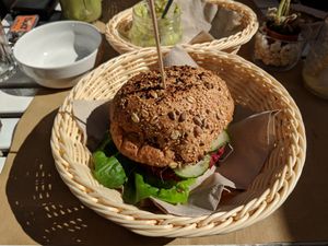 Beetroot burger at H2O Juice Bar & Vegan Cafe in Fuerteventura