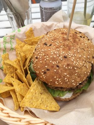 Lentil burger  at H2O Juice Bar & Vegan Cafe in Fuerteventura