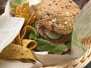 Burger close up at H2O Juice Bar & Vegan Cafe in Fuerteventura