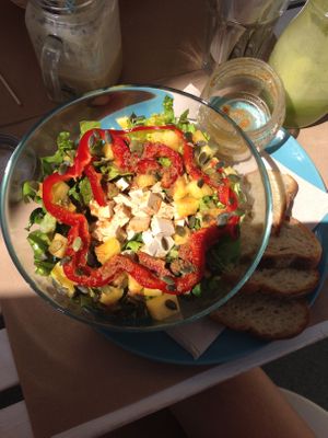 Salad with tahini dressing + green juice at H2O Juice Bar & Vegan Cafe in Fuerteventura