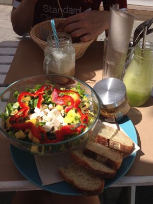 Salad with tahini dressing + green juice at H2O Juice Bar & Vegan Cafe in Fuerteventura