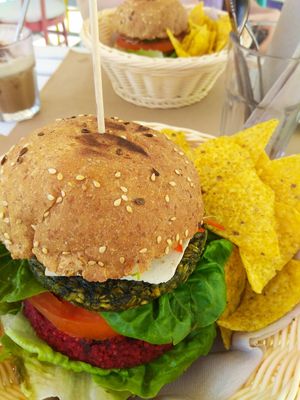 Extra large burger at H2O Juice Bar & Vegan Cafe in Fuerteventura