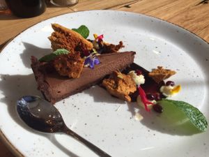 choc tart with ";honeycomb"; and orange cream. vegan! delicious! at Power Plant Cafe in Templestowe