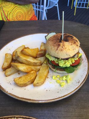Breakfast Burger with Thick Cut Chips  at Power Plant Cafe in Templestowe