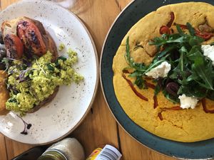 Tofu scramble and chickpea omelette  at Power Plant Cafe in Templestowe