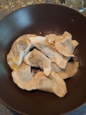 -Ravioli di farro con ripieno di spinaci. at Alte Muhle in Merano