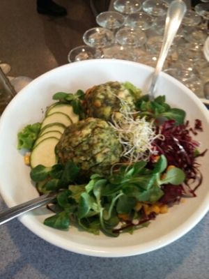 kamut dumplings with spinach and a winter bed of lettuce at Alte Muhle in Merano