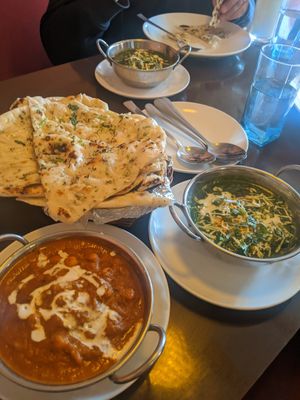 Garlic naan, channa masala, palak paneer at Aniyor Vegetarian Restaurant in Kathmandu