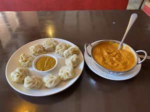 Veg momos and potato curry .  at Aniyor Vegetarian Restaurant in Kathmandu
