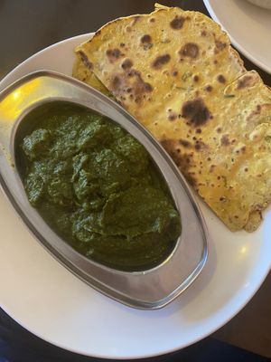 Tofu palak with gf naan  at Aniyor Vegetarian Restaurant in Kathmandu