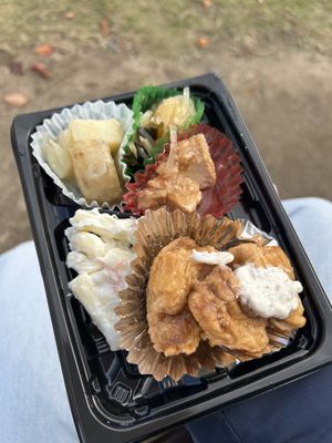 Potato salad, glass noodle salad, tofu, pasta salad & something I didn’t know but everything was very delicious !  at Evah Dining Macrobiotic - JR Hakata in Fukuoka