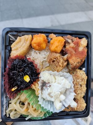 Bento box for 810 with a layer of whole rice underneath at Evah Dining Macrobiotic - JR Hakata in Fukuoka