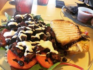 Dinner combo-1/2 vegan tempeh taco salad and 1/2  pesto panino with mushrooms, eggplant, and artichokes.  at InfusionTea in Orlando