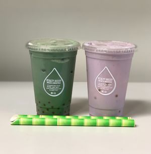 taro and butterfly pea lychee milk  bubble tea with popping bobas at Vitality Juicery in Dublin