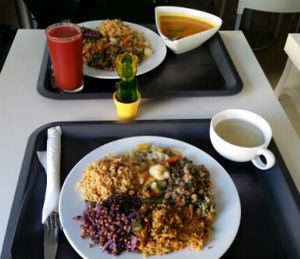 Big plate with three daily options, soup, salad,  fresh juice and free tea  at Escolha Natura in Lisbon