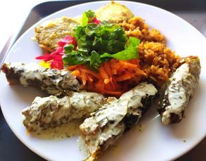 Cabbage rolls/sausages at Escolha Natura in Lisbon