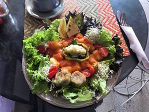 Gnnochi and salad at Biozone in Sao Paulo
