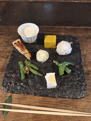 Whatever this tofu is, was ridiculously delicious with the Pakistani salt they give you that makes it taste like a hard boiled egg… simply superb.   at Cafe Millet in Kyoto
