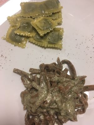Buckwheat tagliatelle with pesto and nettle ravioli at Il Cardo e l'Ortica in Mondovi