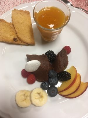 Apricot mousse and chocolate-hazelnut hummus with fresh fruit at Il Cardo e l'Ortica in Mondovi