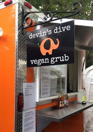 Food truck front at Devin's Dive Food Cart in Portland