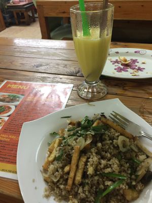 Mushroom fried rice and mango smoothie at Chan Nhu II in Ho Chi Minh City