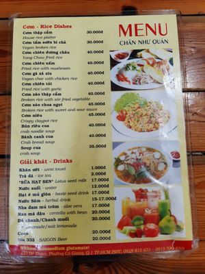 Menu at Chan Nhu II in Ho Chi Minh City