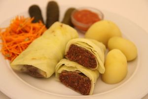 Lithuanian traditional 'pigeons' cabbage wrap with vegan filling. Requires pre-order though, takes up to 40mins to make: at HBH Vilnius in Vilnius