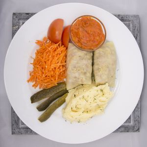 Vegan brown rice and beetroot stuffed cabbage rolls at HBH Vilnius in Vilnius