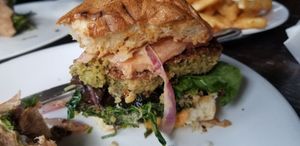 Cross section of falafel burger at Meme's Healthy Nibbles in Brooklyn