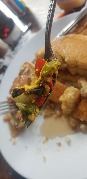 Scramble. Nice taste but it was mostly peppers and onions. at Meme's Healthy Nibbles in Brooklyn