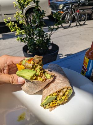 Vegan tofu scramble in burrito form at Meme's Healthy Nibbles in Brooklyn