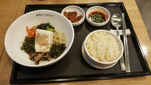연두비빔밥 Soft Tofu Bibimbap (Vegan if you don't eat the kimchi or broth - not pictured and does not come with an egg) at Bonjuk and Bibimbap - 본죽&비빔밥café in Seoul