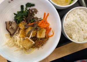 Good rice and veggies, but is the tofu really tofu?  at Bonjuk and Bibimbap - 본죽&비빔밥café in Seoul