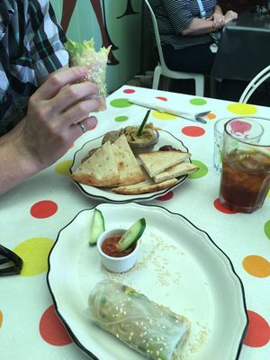 The Quick Fix (hummus, olives, and flatbread) and Salad Spring Rolls. Both vegan! at Desert Rose Cafe in Elora