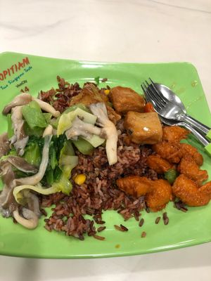 Brown rice with 3 sides  at e Veg 益素食 - VivoCity in Central Singapore
